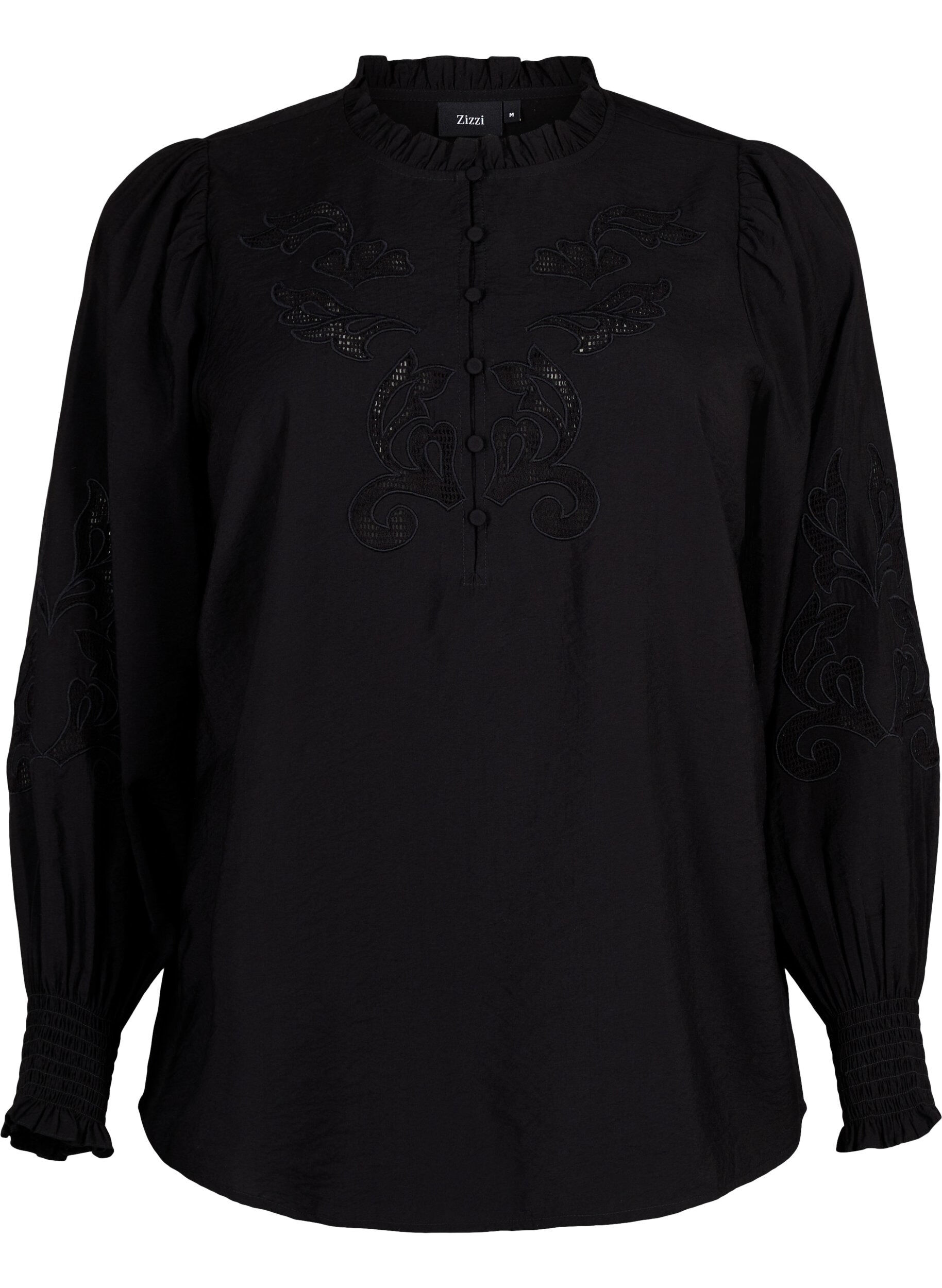 Zizzi Blus med volanger och Broderie anglaise, Black, Packshot image number 0