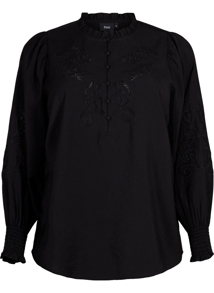 Blus med volanger och Broderie anglaise, Black, Packshot image number 0