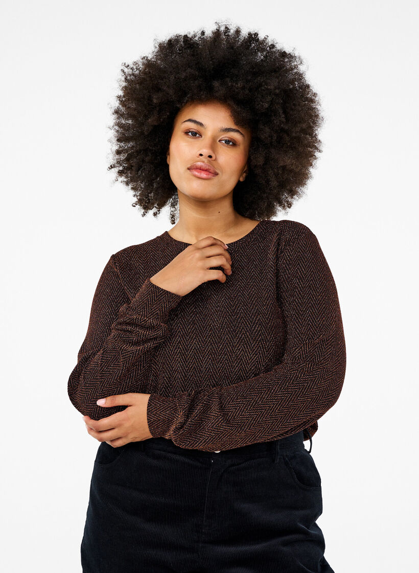 Blus med skimrande mönster, Copper ZigzagShimmer, Model image number 0