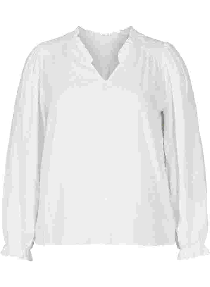 Långärmad blus med smock- och volangdetaljer, Bright White, Packshot image number 0