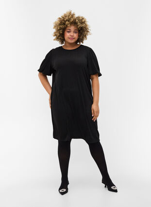 Glittrig klänning med korta ballongärmar, Black, Model image number 2