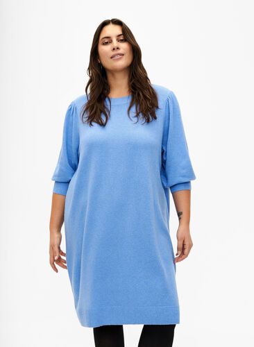 Stickad klänning med trekvarts puffärmar, Blue B. /White Mel., Model image number 0