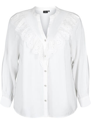 Skjortblus i viskos med volanger, Bright White, Packshot image number 0