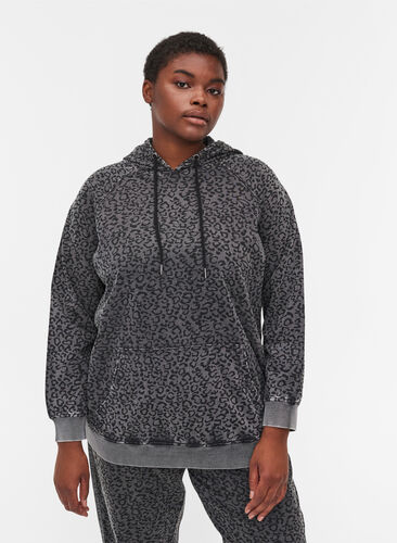 Sweatshirt i ekologisk bomull med huva i leopardmönster, Grey Leo Acid Wash, Model image number 0