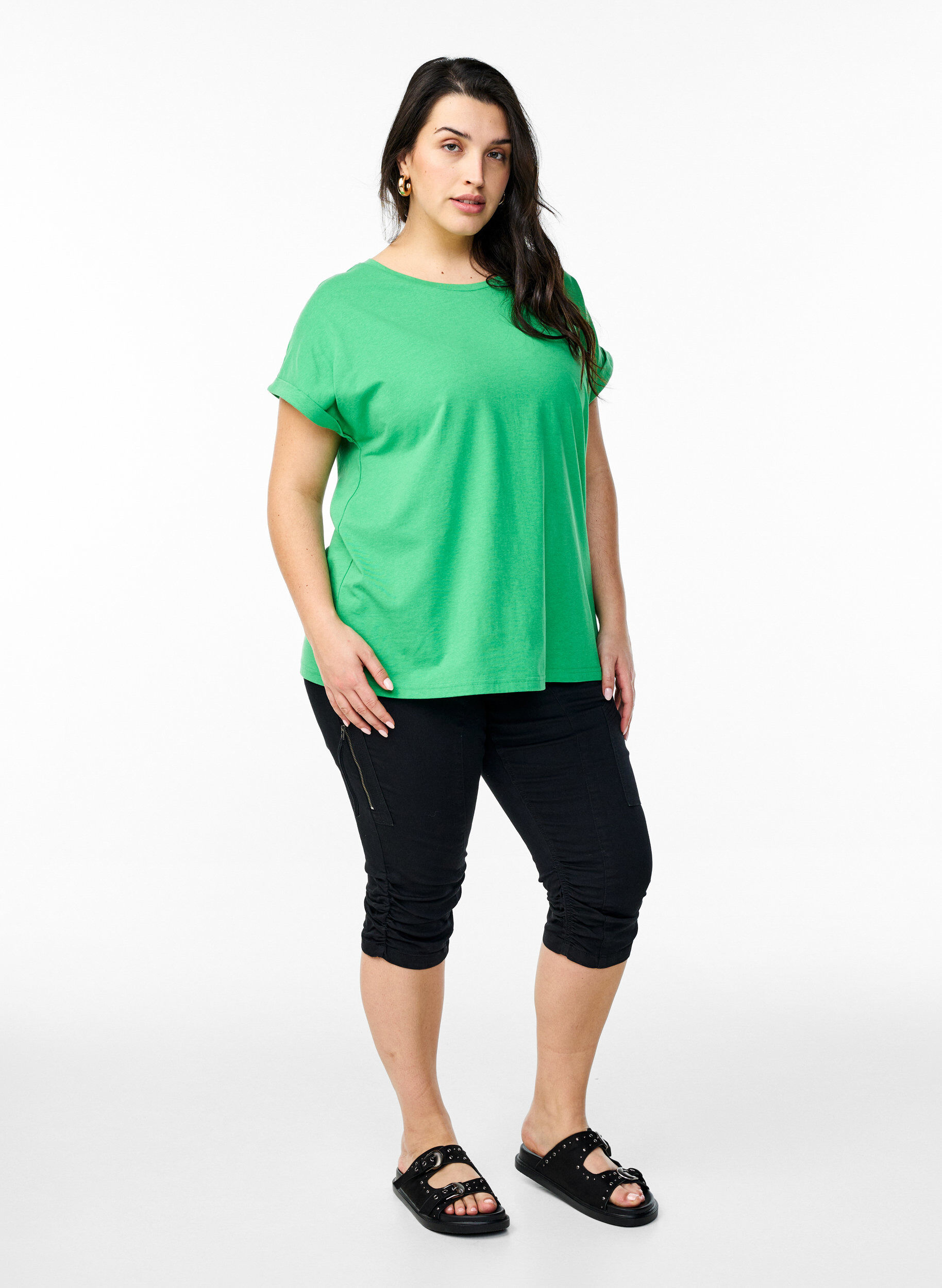 ZizziKort&auml;rmad t-shirt i bomullsblandning, Gr&ouml;n, Model image number 1