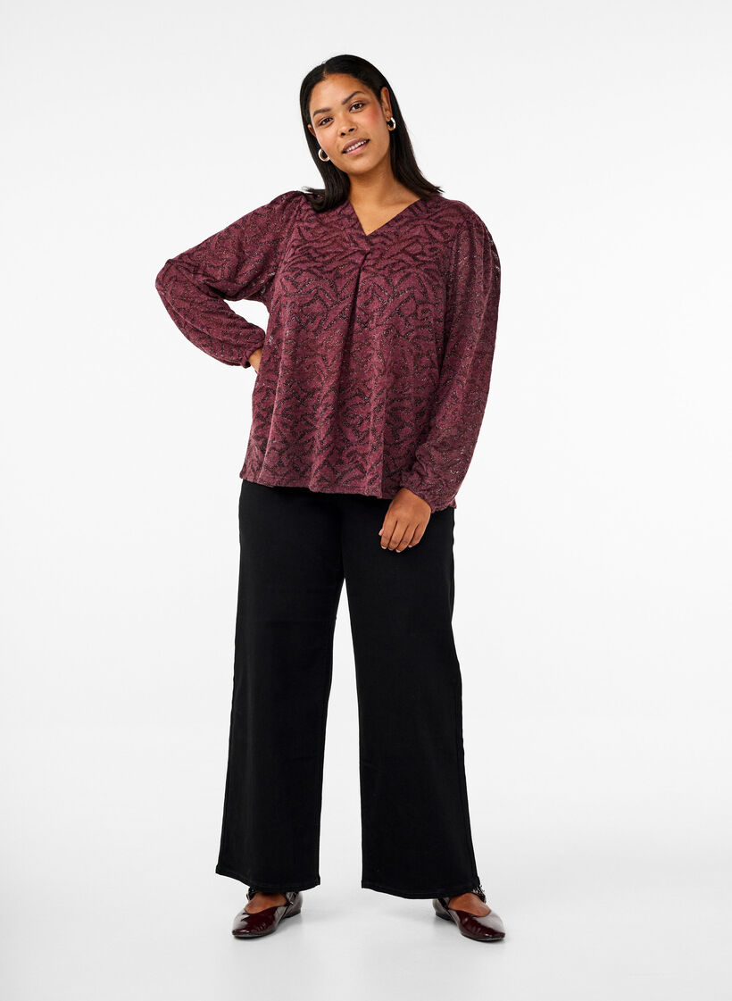 Långärmad blus med glitter och mönster, Röd, Model image number 1