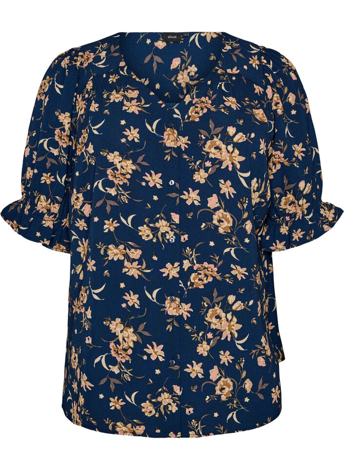 Skjortblus med halvl&aring;nga &auml;rmar, Bl&aring;, Packshot image number 0