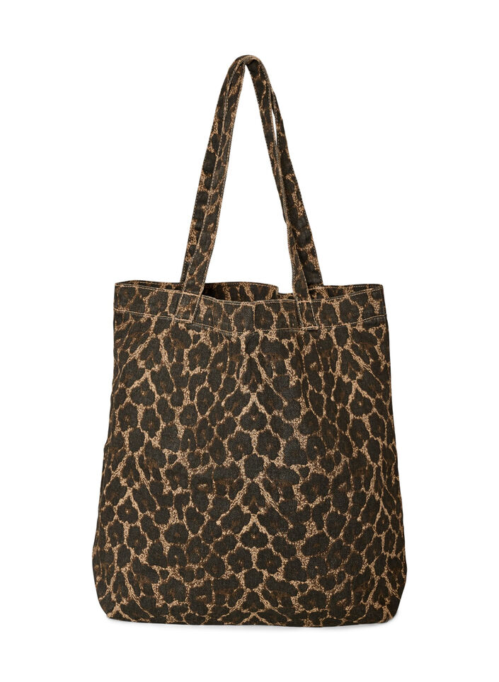Shopper i denim med leopardm&ouml;nster, Brun, Packshot image number 0