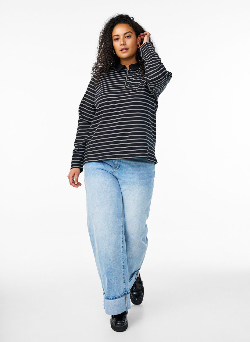 Randig pikétröja med dragkedja, Svart, Model image number 1