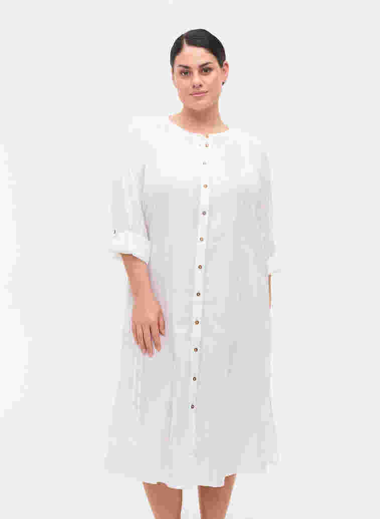 Skjortklänning i bomull med 3/4-ärmar, Bright White, Model