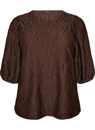 Blus med struktur och 3/4-&auml;rmar, Brun