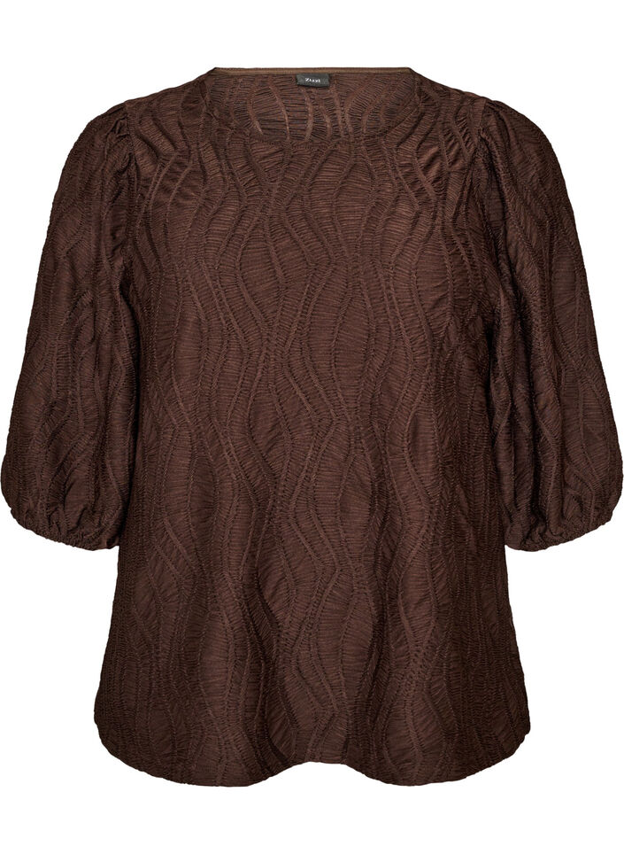 Blus med struktur och 3/4-&auml;rmar, Brun, Packshot image number 0