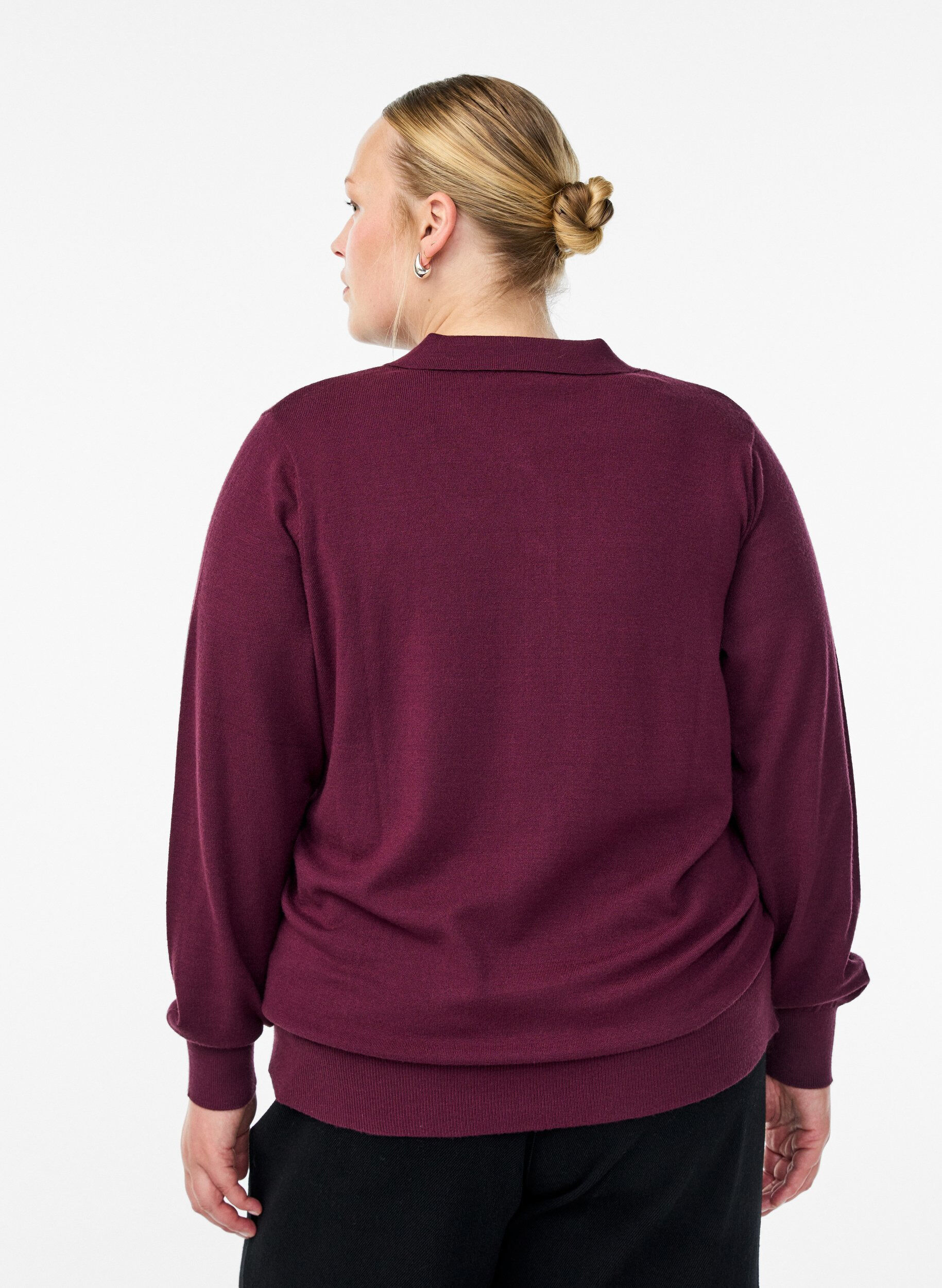 Zizzi Stickad blus med krage, M&ouml;rk Bordeaux, Model image number 2