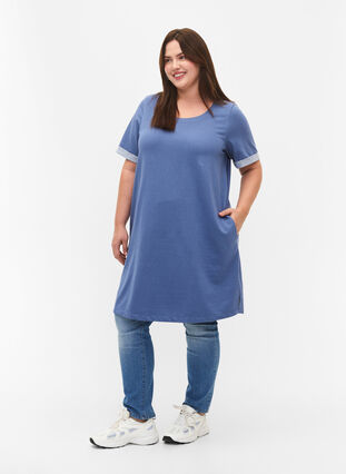 Kortärmad sweatshirtklänning med fickor, Moonlight Blue, Model image number 2
