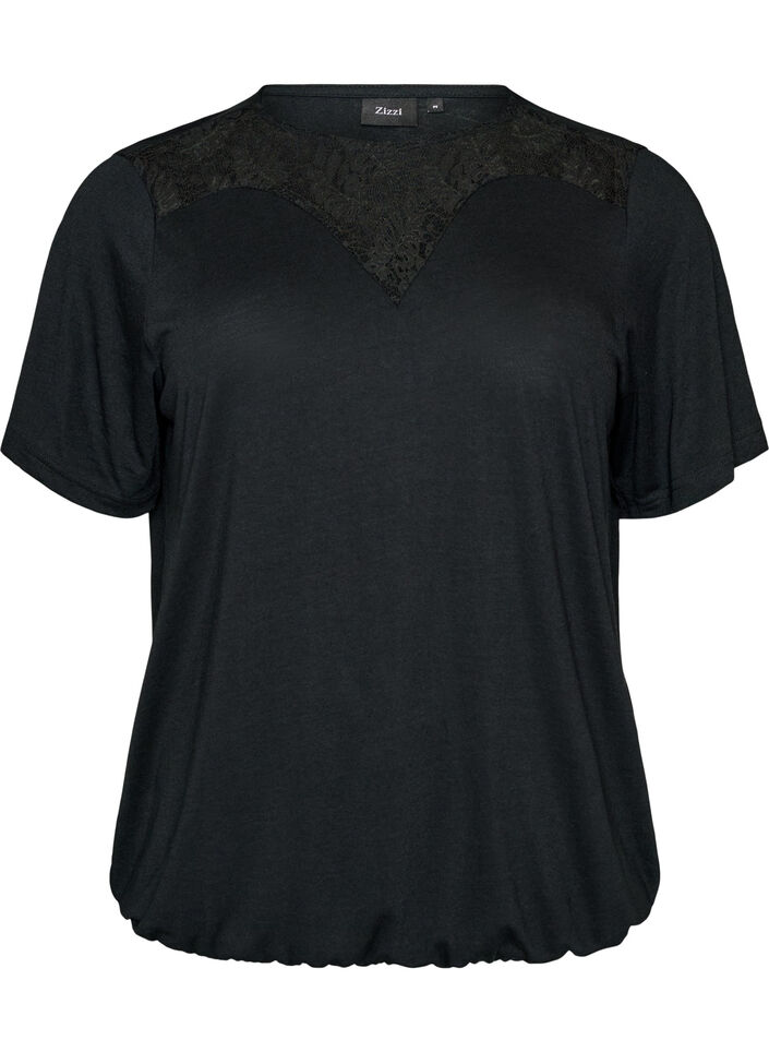 Blus med spetsinf&auml;llning och ballong&auml;rmar, Svart, Packshot image number 0