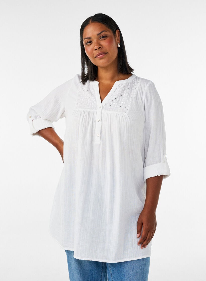 Tunika i bomullsmuslin med broderie anglaise, Vit, Model image number 0