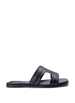Platta slip on-sandaler med bred passform och nitar, Black, Packshot image number 0