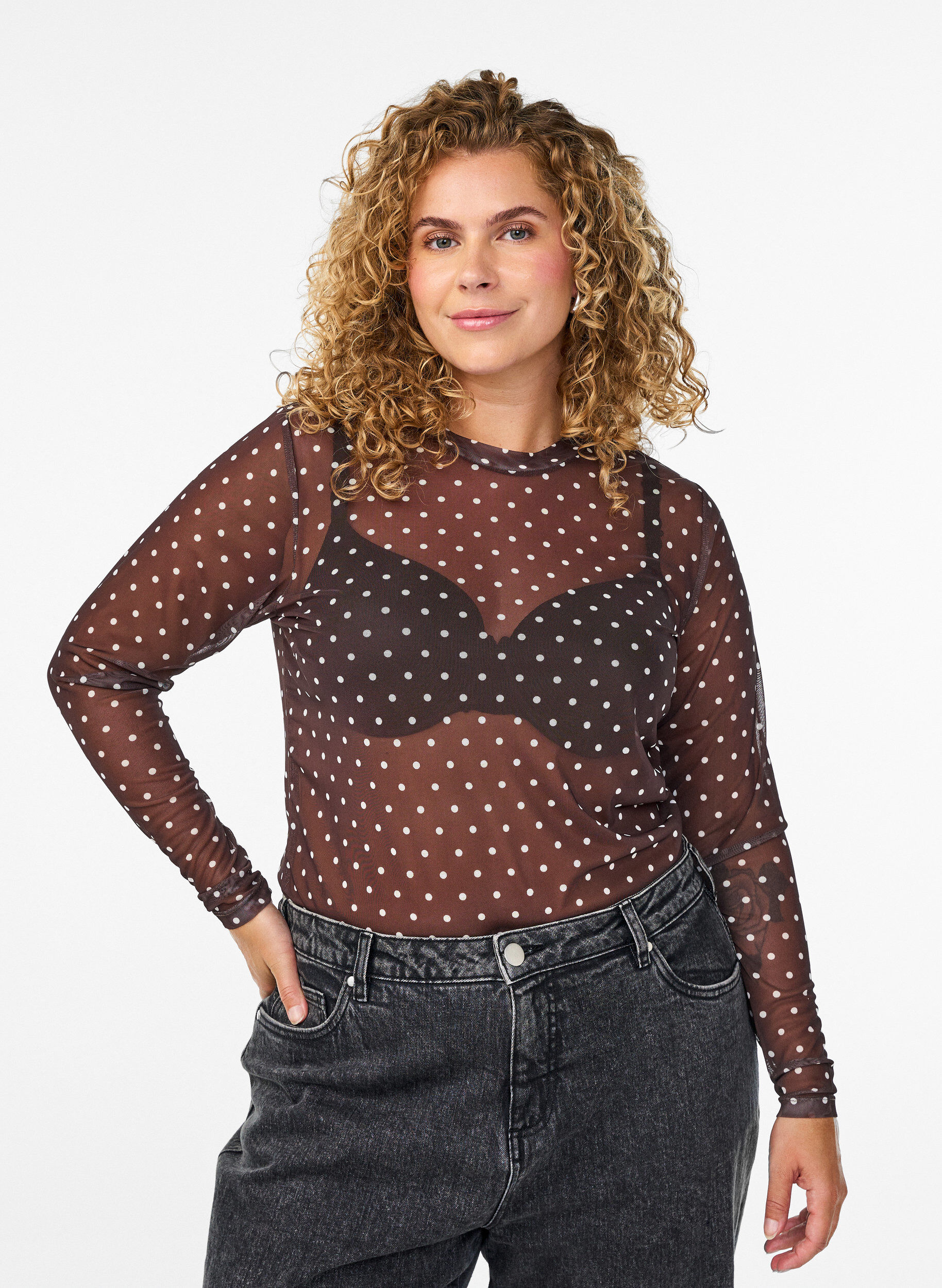 ZizziBlus i mesh med prickar, Brun, Model image number 0