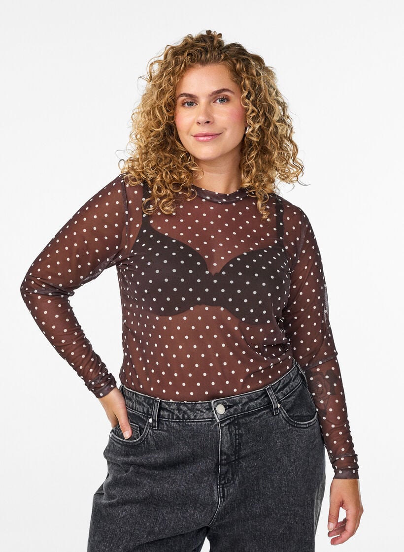 Blus i mesh med prickar, Brun, Model image number 0