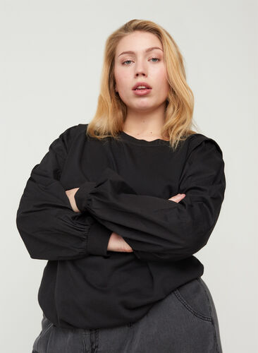 Sweatshirt med långa ärmar och ribbade muddar, Black, Model image number 0