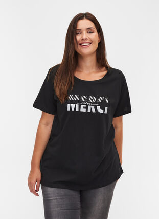 T-shirt med tryck i ekologisk bomull, Black Merci, Model image number 0