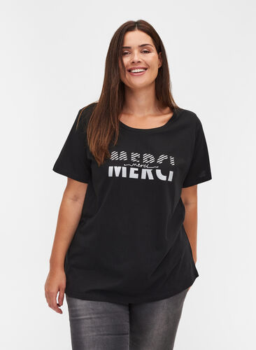 T-shirt med tryck i ekologisk bomull, Black Merci, Model image number 0