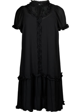 A-linjeformad chiffongklänning med volangdetaljer, Black, Packshot image number 0