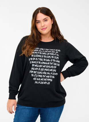 Sweatshirt med texttryck, Black w. White AOP, Model image number 0