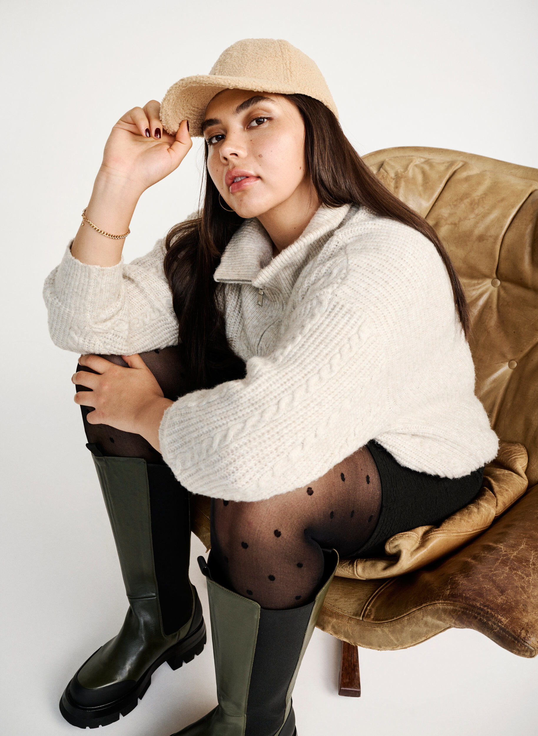 Zizzi Kabelstickad tr&ouml;ja med dragkedja, Pumice Stone Mel., Image image number 0