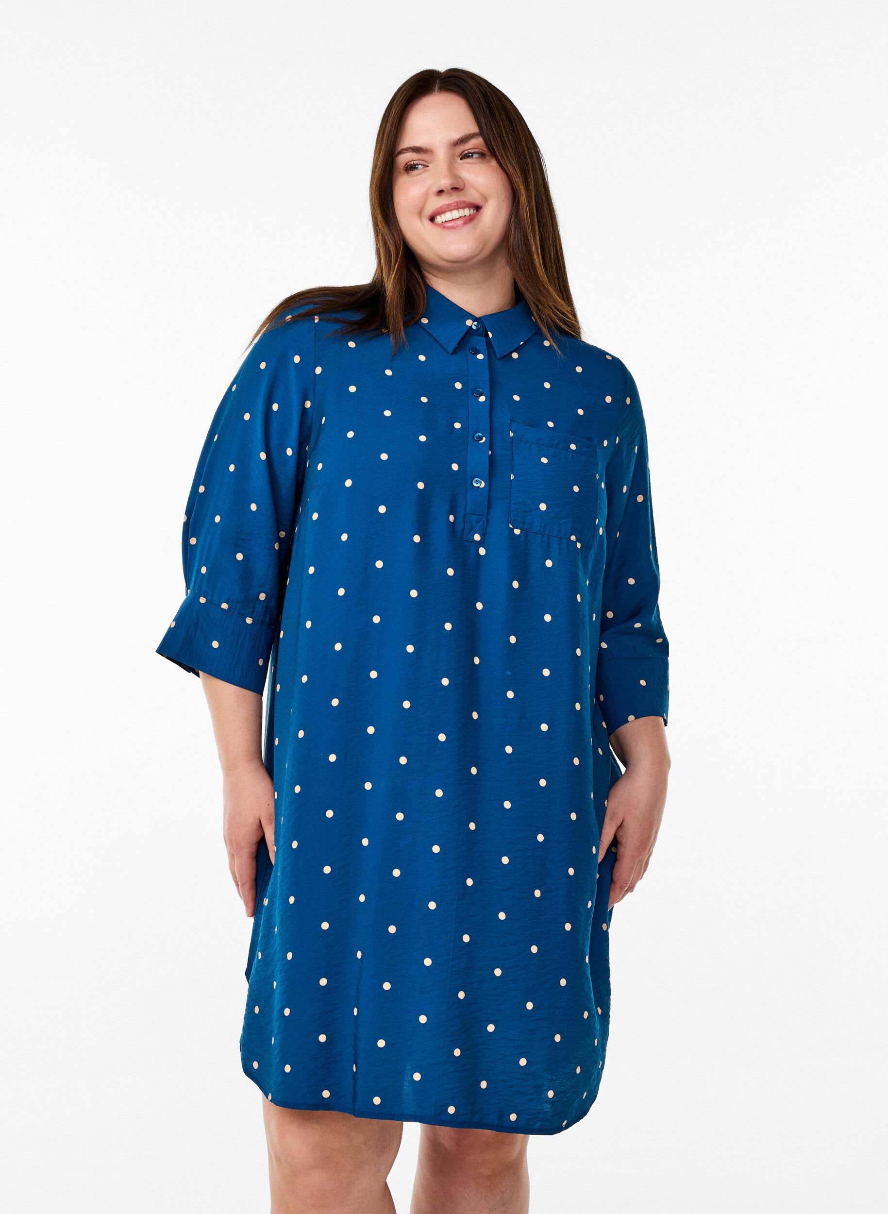 ZizziKort kl&auml;nning med krage och br&ouml;stficka, Bl&aring;, Model image number 0
