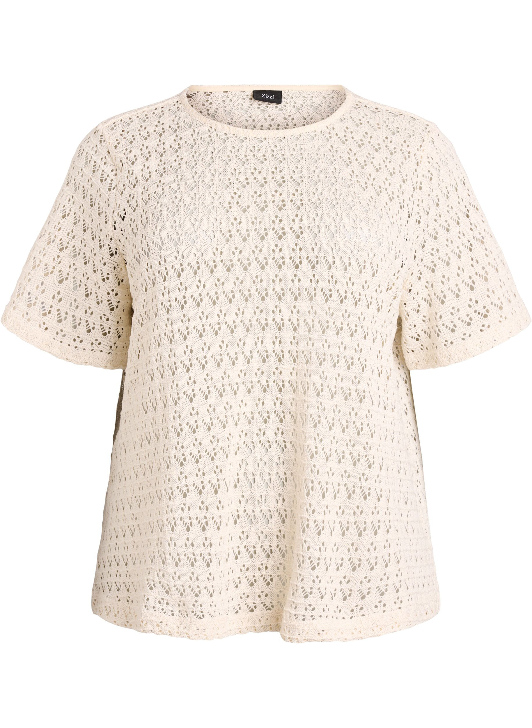 ZizziKort&auml;rmad blus med h&aring;lbroderi, Beige, Packshot image number 0