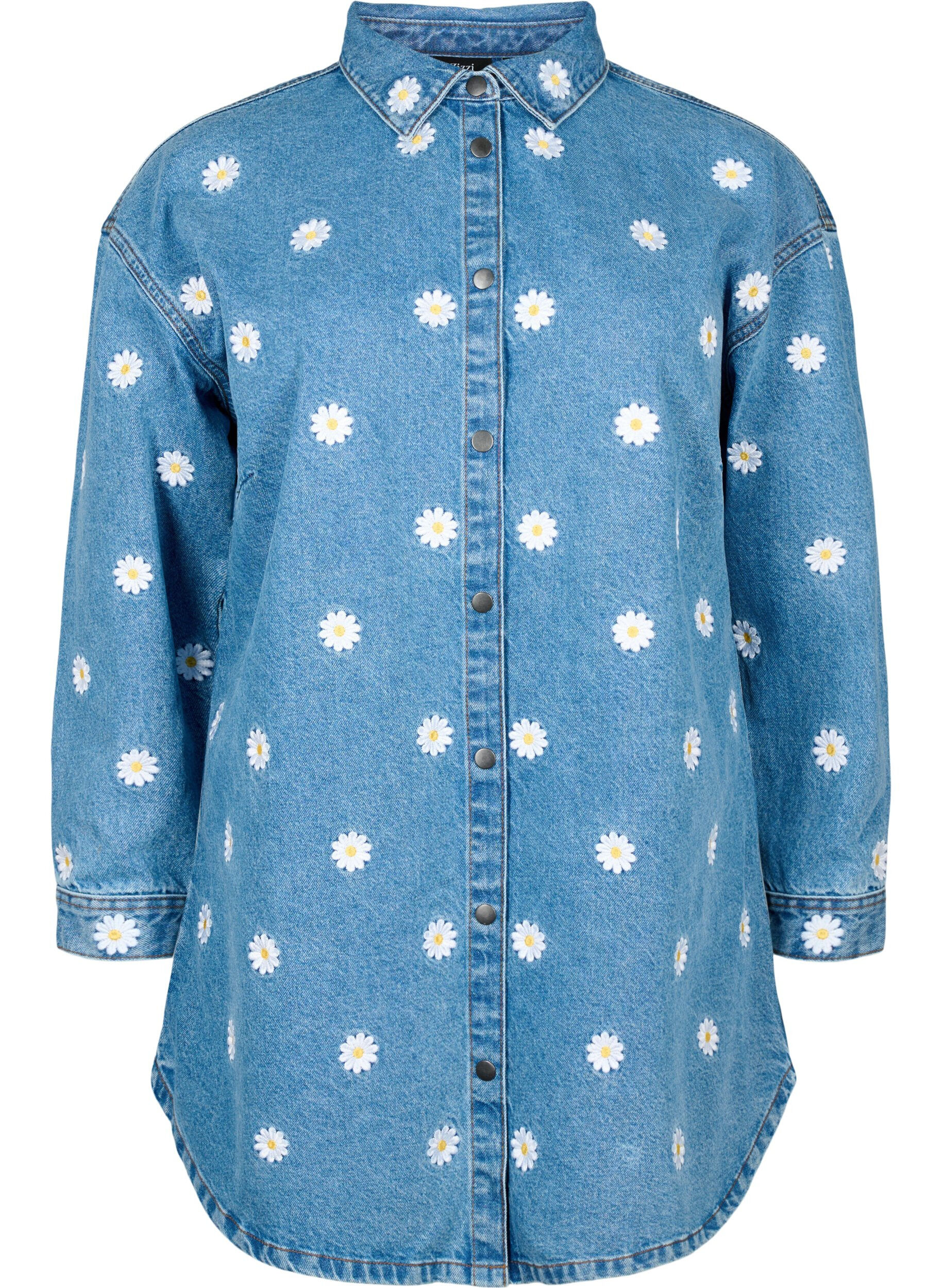Zizzi L&ouml;s jeanskjorta med broderade l&auml;ppar, L.B. Flower, Packshot image number 0