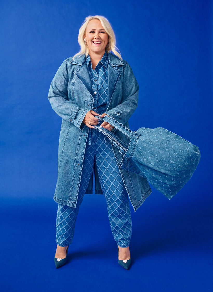 Trenchcoat i denim med bälte, Blue Denim, Image image number 0