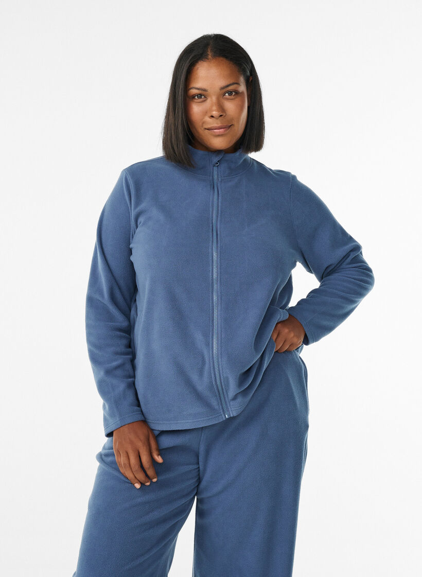 Fleecetr&ouml;ja med dragkedja och h&ouml;g krage, Bl&aring;, Model image number 0