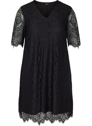 Kortärmad spetsklänning med v-ringning, Black, Packshot image number 0