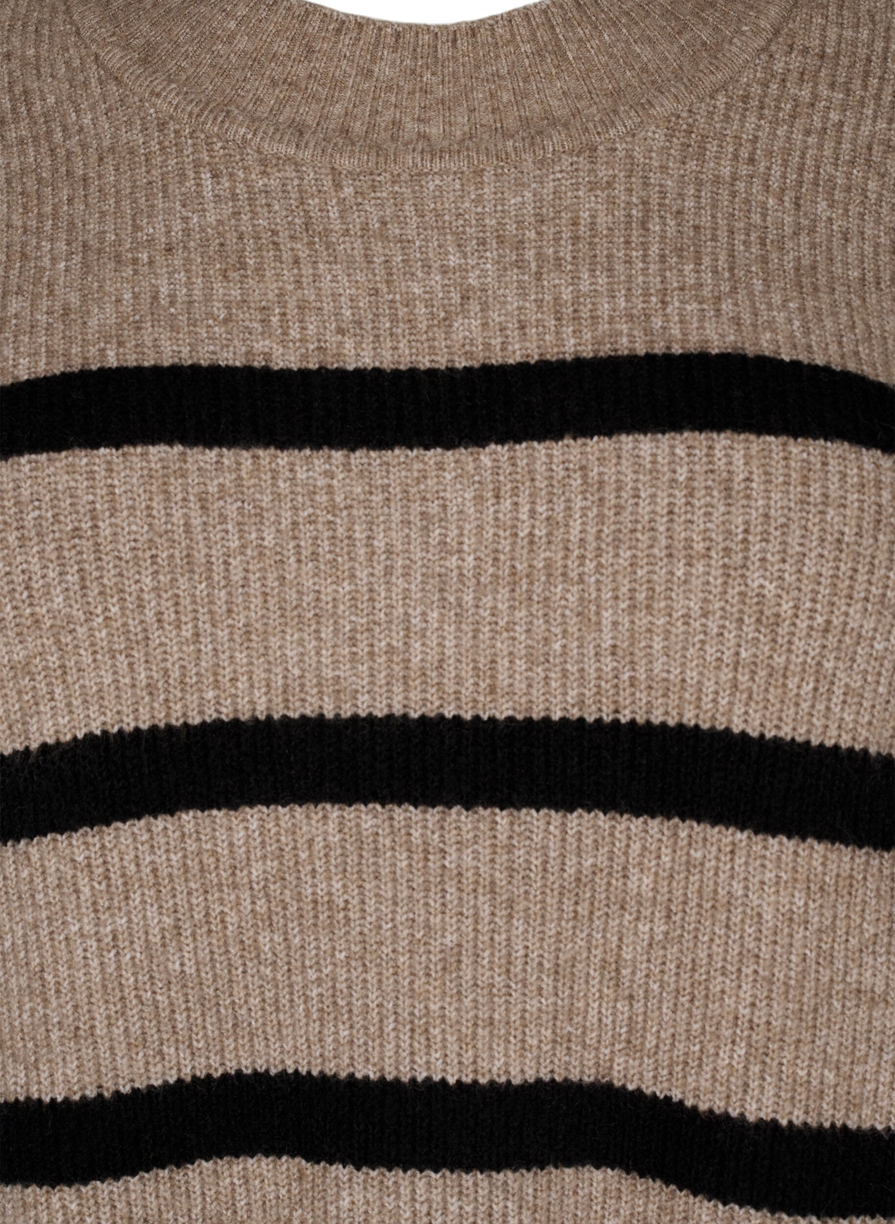 Zizzi L&aring;ng&auml;rmad stickad kl&auml;nning med r&auml;nder, Desert Taupe Comb, Packshot image number 2