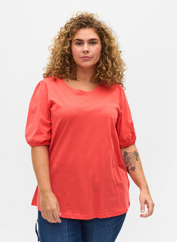 T-shirt med lös passform och ärmar som går till armbågen, Hot Coral, Model image number 0