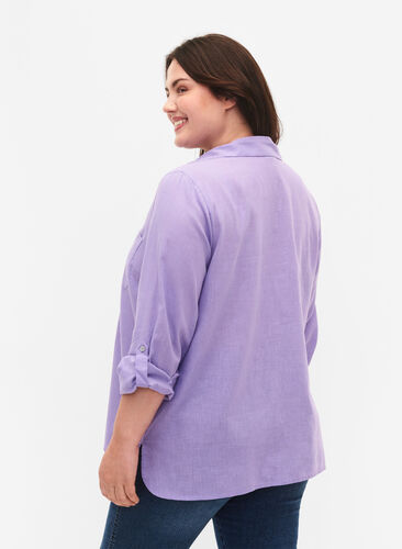 Skjortblus med knappstängning i bomull-linblandning, Lavender, Model image number 1