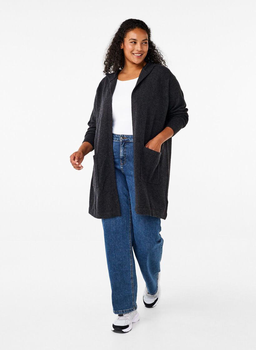 Lång stickad kofta med ull och huva, Dark Grey Melange, Model image number 2