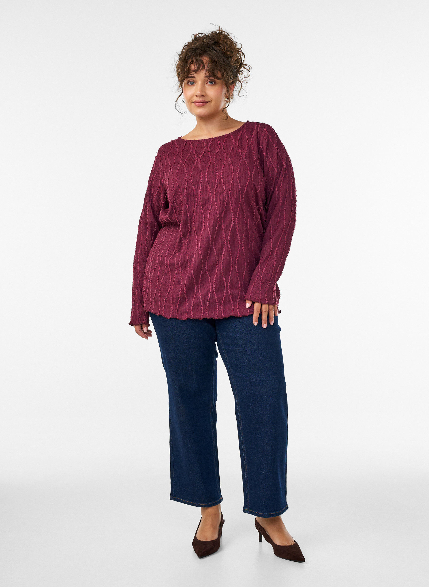 ZizziBlus i jersey med v&aring;gig struktur, R&ouml;d, Model image number 1