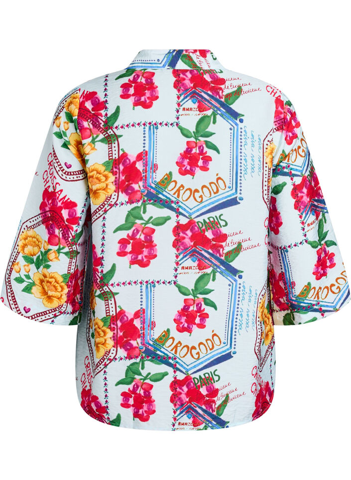 Skjortblus med armb&aring;gsl&aring;nga &auml;rmar och f&auml;rgglatt m&ouml;nster, Bl&aring;, Packshot image number 1
