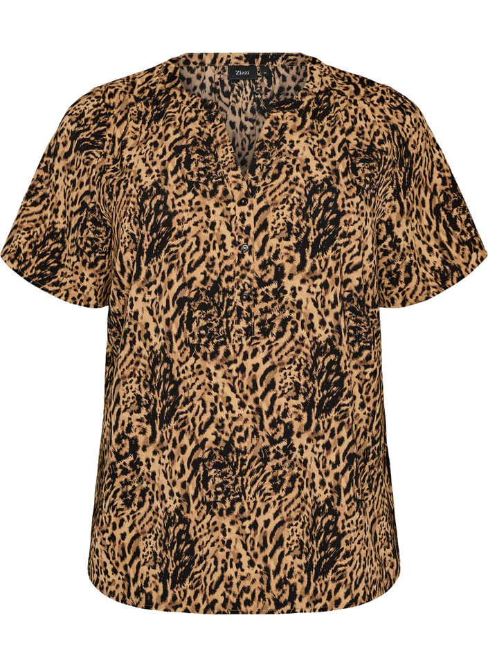 V-ringad blus med korta &auml;rmar, Brun, Packshot image number 0