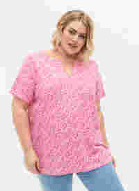 Blommig v-ringad t-shirt i bomull, Shocking Pink AOP, Model