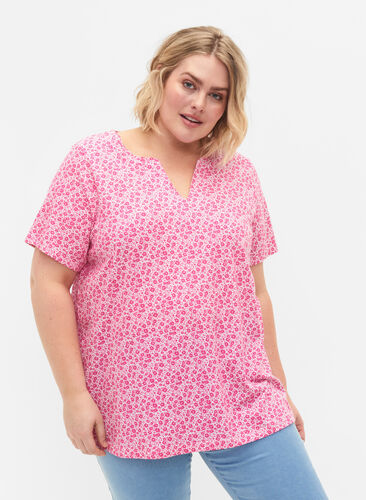 Blommig v-ringad t-shirt i bomull, Shocking Pink AOP, Model image number 0