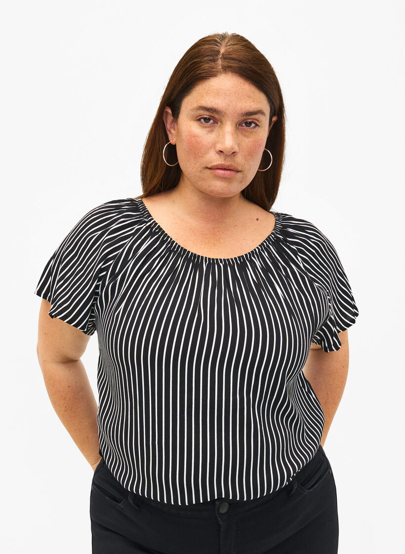 Randig viskosblus med kort ärm, Black/ White Stripe, Model image number 0