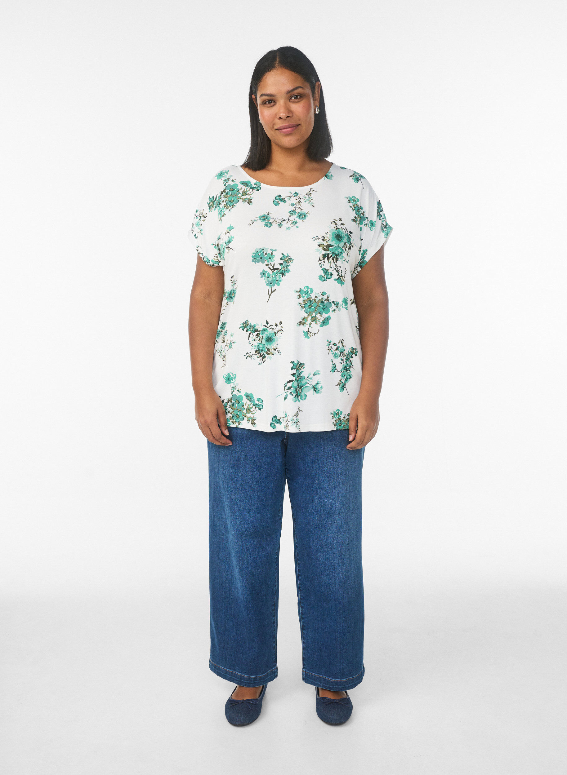 Zizzi T-shirt med blommigt tryck, Vit, Model image number 1