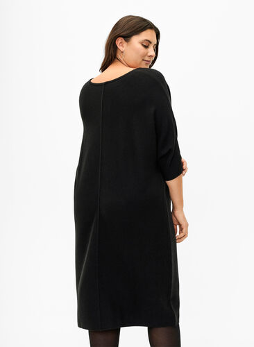 Ribbad klänning med trekvartsärm, Black, Model image number 1