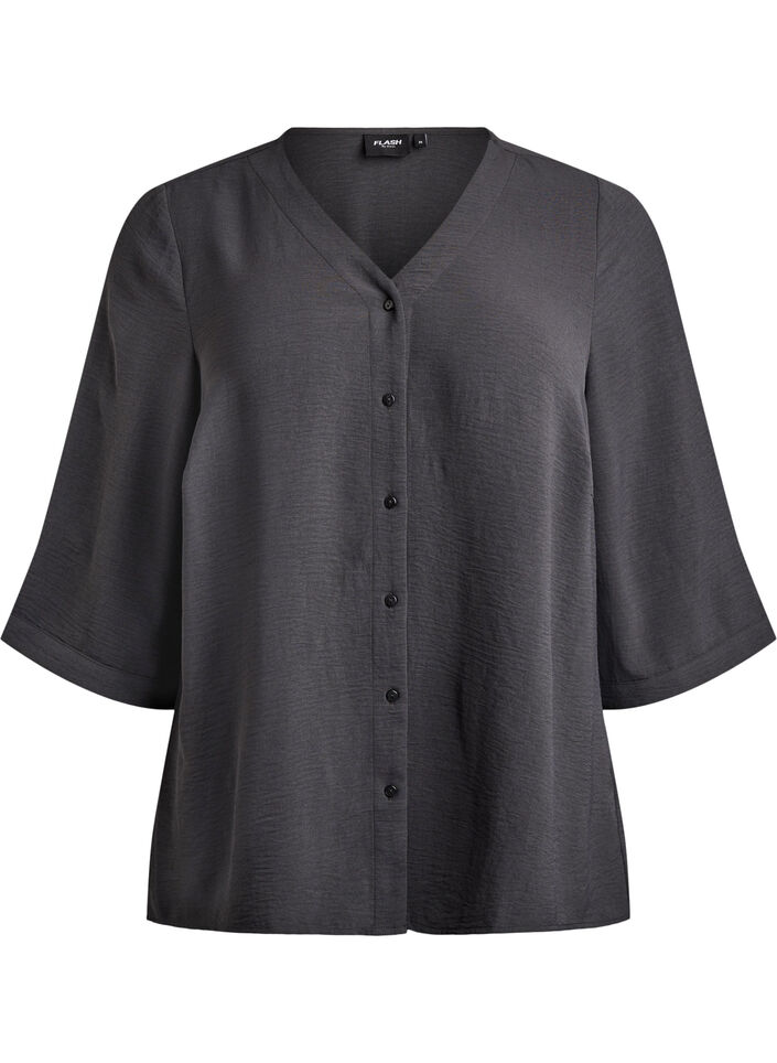 Skjortblus med v-ringning och 3/4-&auml;rm, Gr&aring;, Packshot image number 0