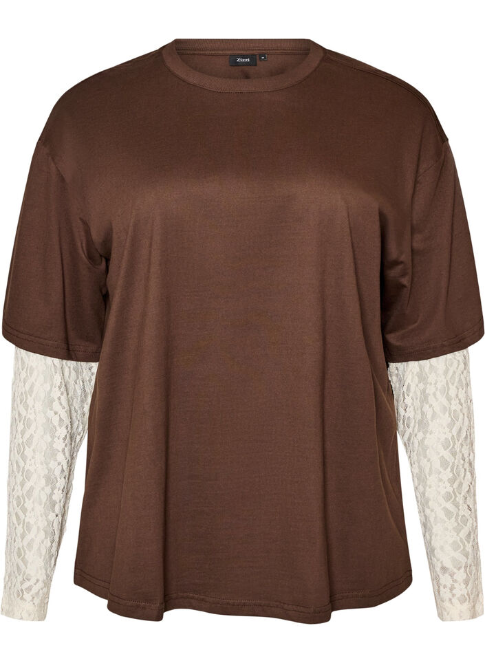 L&ouml;s t-shirt med l&aring;nga &auml;rmar i spets, Brun, Packshot image number 0