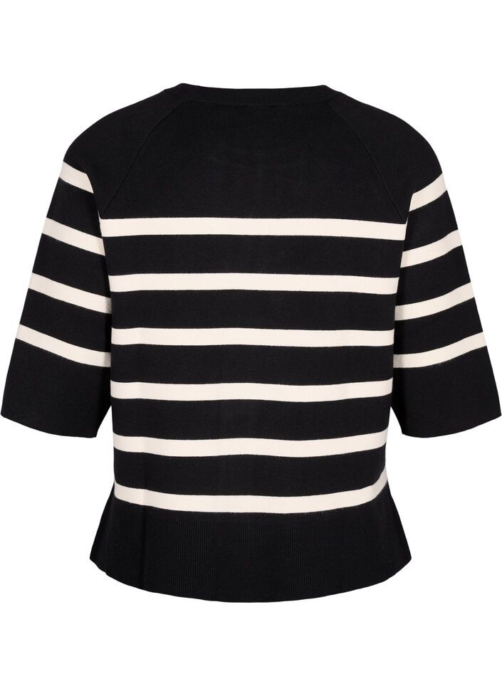 Stickad blus med 3/4-ärm och ränder, Black Birch Stripes, Packshot image number 1